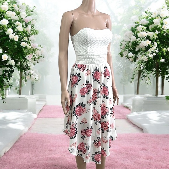 No Boundaries Strapless Floral Print Flowy Asymmetrical Chiffon Skirt Dress - Picture 6 of 16